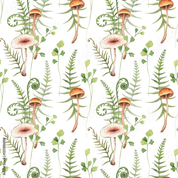 Obraz Watercolor woodland seamless pattern. Wild forest mushrooms, herbs, fern. Botanical print. Hand drawn children illustration on white background for wallpaper, postcard, textile, wrapping, fabric.
