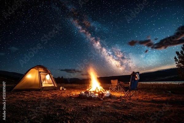 Fototapeta Multi-generation families camping under the stars by a glowing campfire in nature embracing togetherness in a serene outdoor environment