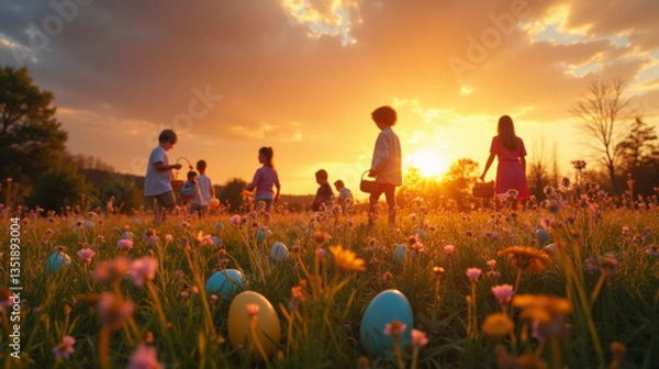 Fototapeta Children with baskets walk through a field of Easter eggs and wildflowers, bathed in the warm glow of sunset.