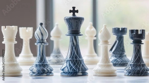Fototapeta Chess pieces arranged on a board, strategic game, indoor setting, possible use for strategy articles, or puzzles