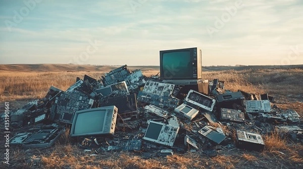 Fototapeta Discarded Technology Heap in Open Field Under a Blue Sky with Scattered Clouds
