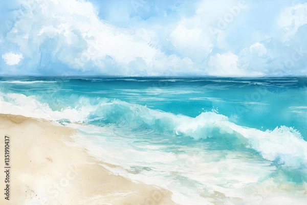Obraz Calm beach with white sand and turquoise waters, tranquil coastal scenery, watercolor and nature photos