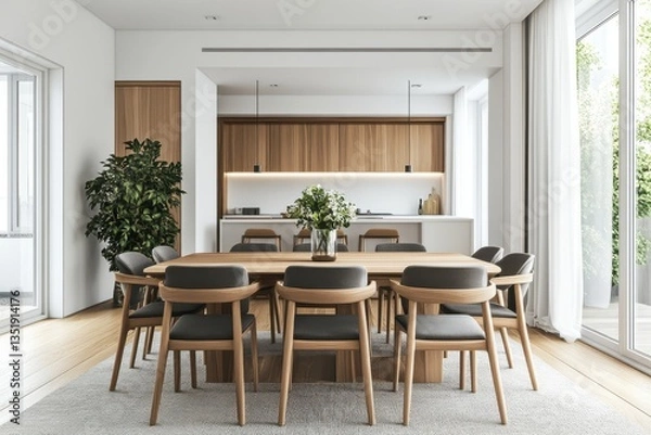 Fototapeta A contemporary dining room interior with wooden elements design furniture and a white background illustrating a modern home concept 3D Rendering