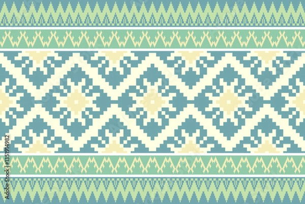 Fototapeta Geometric seamless pattern in blue green and yellow inspired by ethnic and tribal textile designs.