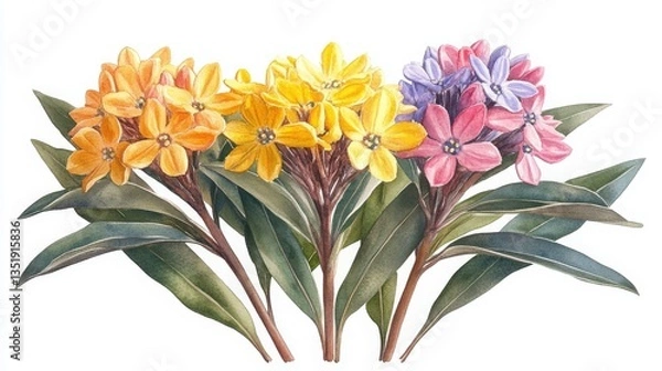 Fototapeta Watercolor painting of a bunch of flowers including aubrieta in a botanical illustration style