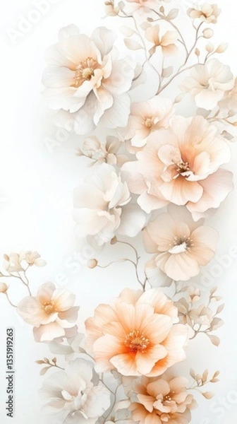 Fototapeta A watercolor design with soft peach and ivory flowers, set against a white background