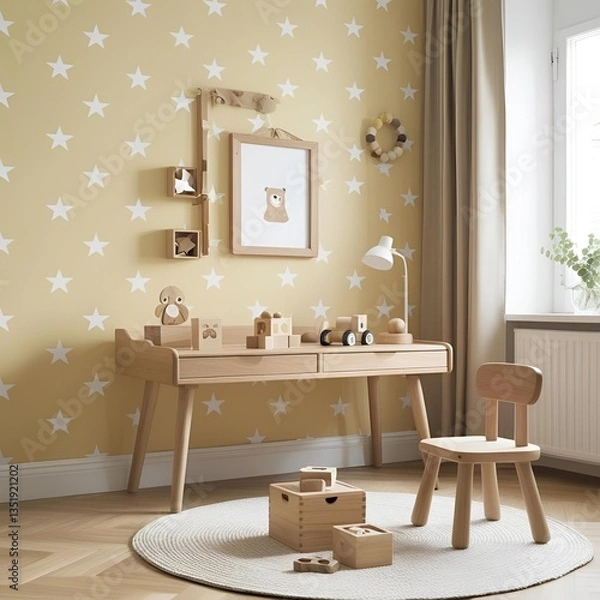 Fototapeta Stylish Scandinavian kids room with wooden photo frame toys blocks and star pattern on bright sunny background wall  
