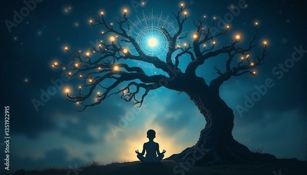 Fototapeta A serene child sits in meditation under an ancient tree with twisted roots, surrounded by mystical symbols.