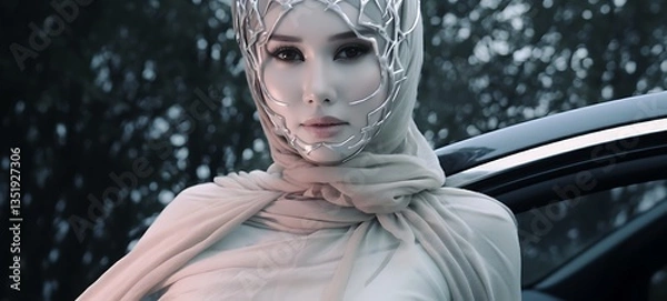 Obraz A fierce white walker dryad with an armoured shield Diamond Hijab, ai generative
