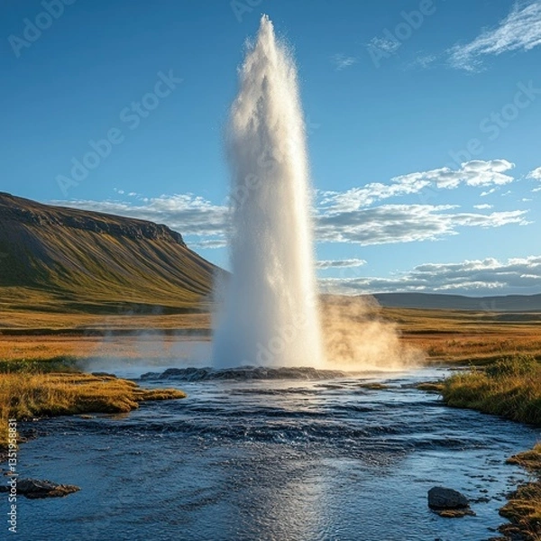 Obraz Majestic Geyser Eruption in Iceland's Dramatic Landscape