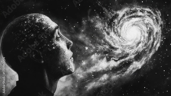 Obraz Surreal Transformation: A Person’s Head Turns Into a Galaxy of Knowledge in Charcoal