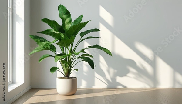 Obraz Minimalist Home Accent: Large Green Plant in a White Pot with Sunlit Shadows