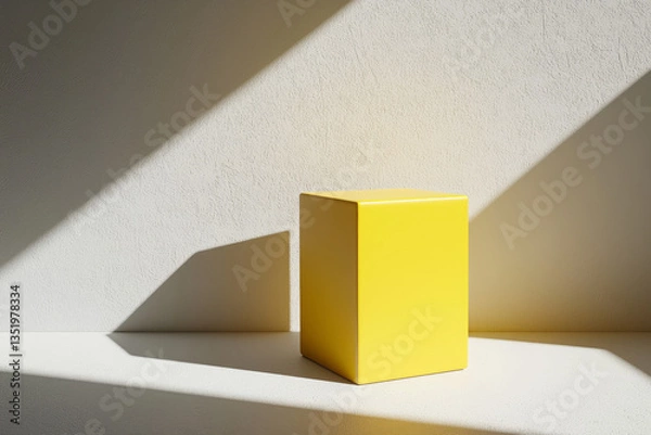 Obraz Yellow Cube on Clean White Surface with Artistic Shadows