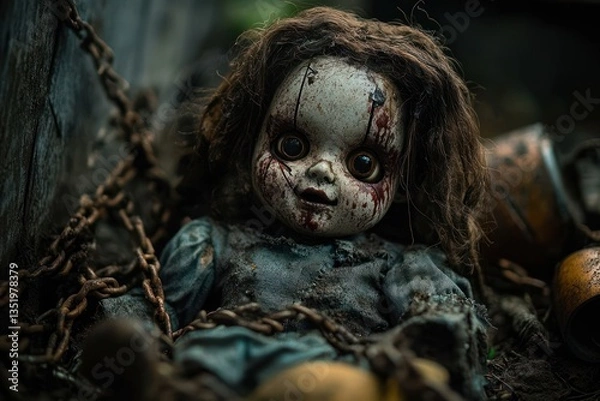 Fototapeta Creepy Zombie Doll in Dark Haunted Environment with Rusty Chains and Decaying Objects