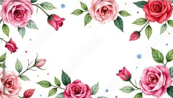 Fototapeta Delicate watercolor roses & leaves, repeating pattern, backdrop, botanical, repeat pattern
