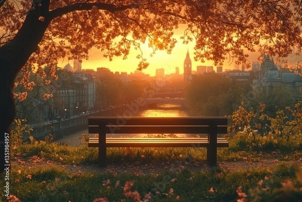 Fototapeta Serene sunset view over city river, empty park bench under blossoming tree