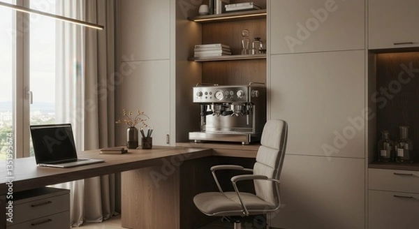 Fototapeta Home Office with Espresso Machine Modern Desk and Rolling Chair