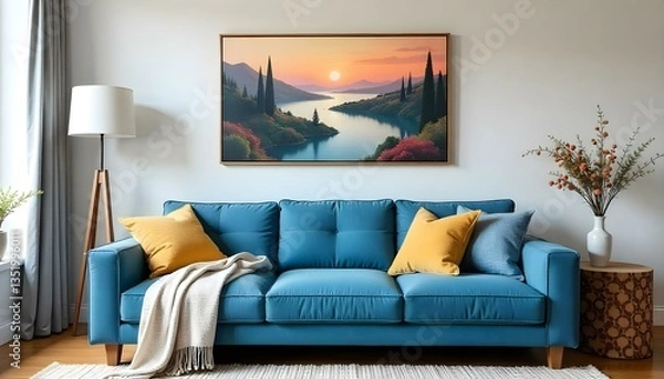 Fototapeta A blue couch with colorful pillows and a blanket , a painting of landscapes on the wall, a lamp and a vase with flowers in a living room 