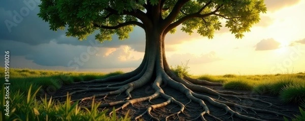 Obraz Tree roots stretching from the base of the trunk into the distance, solitary, roots, ground