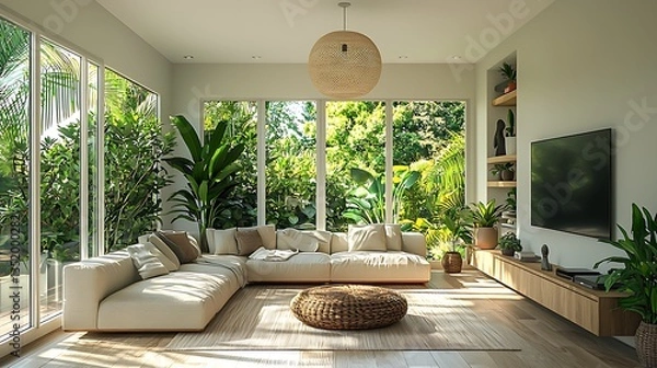 Obraz Modern Tropical Living Room Interior Design with Beige Sofa Large Windows and Lush Greenery