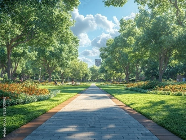Fototapeta Sunlit park path, lined with trees and vibrant flowers, leading towards a distant cityscape