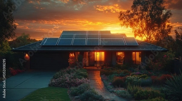 Fototapeta Sunset view of a house with solar panels on the roof and a well-maintained garden
