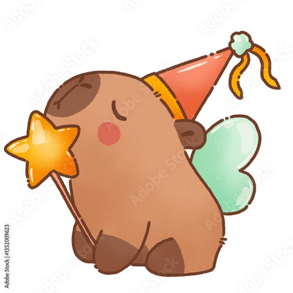 Obraz cute cartoon capybara wearing party hat and holding star wand, with small wings on its back, exudes whimsical charm