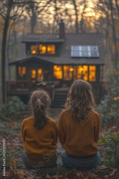 Fototapeta Two girls admire a cozy, illuminated house nestled in a tranquil autumnal forest at dusk