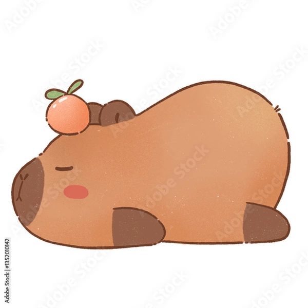 Obraz cute cartoon capybara with peach on its head, lying down peacefully