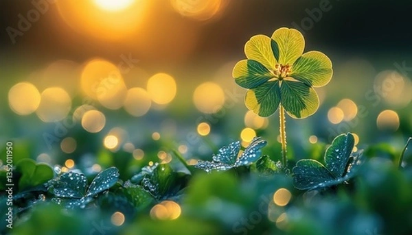 Fototapeta Close-up of a Lucky Four-Leaf Clover with Dew in Sunlight for St. Patrick's Day