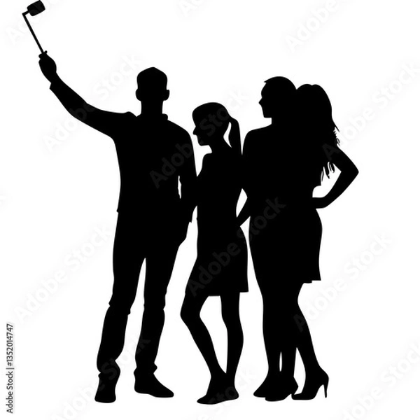 Fototapeta Group Silhouette Taking Selfie with Selfie Stick for Social Media and Design Use