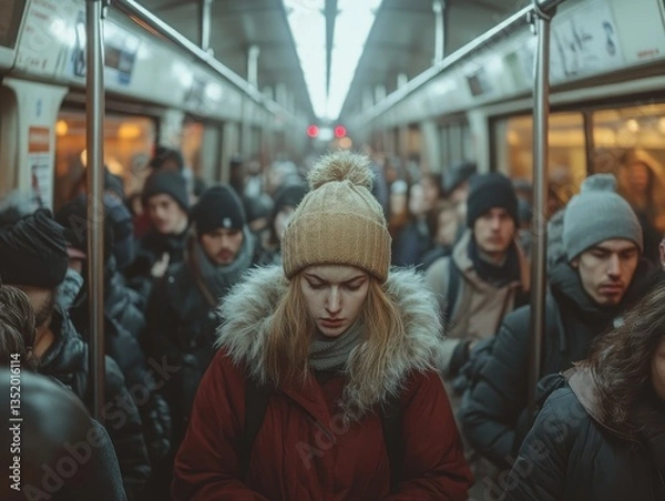Fototapeta Woman in winter coat on crowded subway