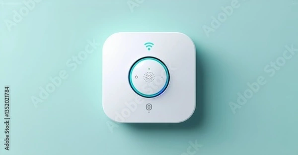 Obraz Minimalistic white and teal iot integrated smoke detector app icon with real time air quality updates flat three dimensional glossy style round square shape modern app icon featurin