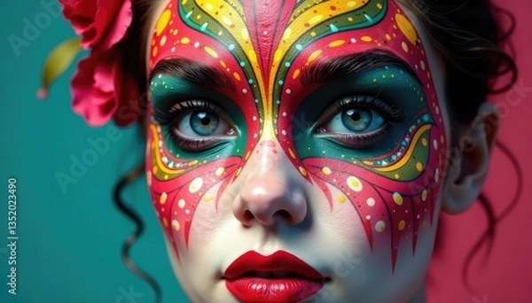 Obraz Symmetrical lines & curves on a painted face mask , bold, intricate, vibrant