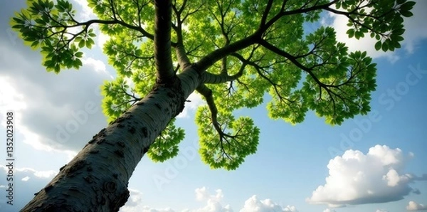Obraz Tree trunk and branches stretch towards a grey sky, foliage, cloud, branch