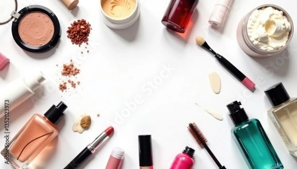 Obraz Various cosmetic items arranged on white background, products, cream