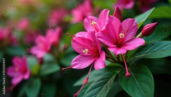 Obraz Vibrant fuchsia blossoms, intricate leafy details, wallpaper, vivid
