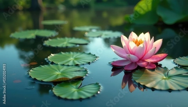Obraz Water lilies forming a floral pattern on a still lake's surface, plants, nature
