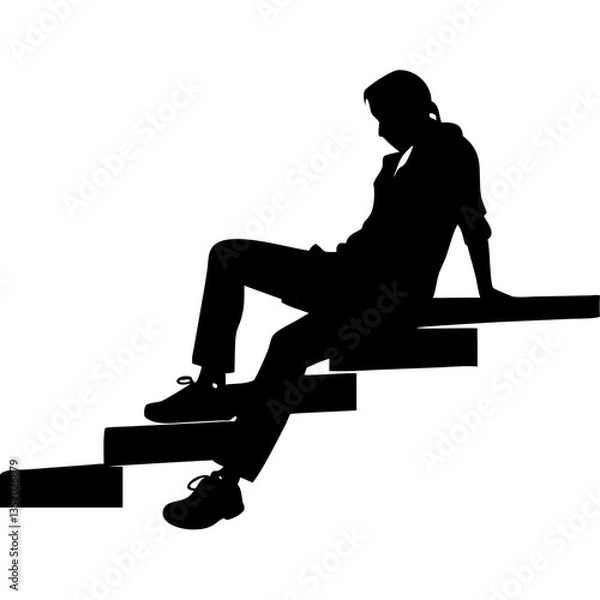 Fototapeta Silhouette Man Sitting Relaxed on Steps Vector Illustration for Design Projects