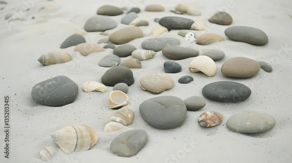 Fototapeta Seashells and smooth stones arranged on sandy beach, calm ocean background; perfect for relaxation or nature themes