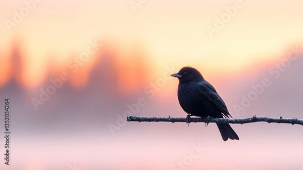 Fototapeta Bird perched on branch at sunrise, misty background, peaceful nature scene, ideal for nature calendars