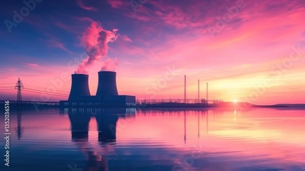 Fototapeta Simple and elegant composition of a nuclear reactor facility with a gradient sunset sky, allowing for text placement