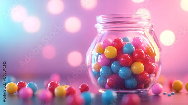 Fototapeta Glass Jar Filled with Colorful Candies Under Pink Light