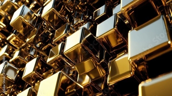 Fototapeta A detailed view of a wall of golden geometric cubes