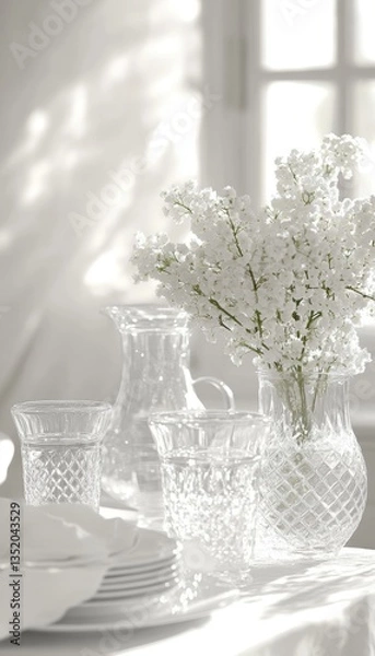 Obraz White flowers in a crystal vase, surrounded by elegant glassware on a sunlit table.