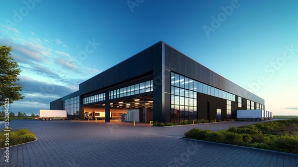 Fototapeta modern warehouse exterior featuring large glass windows and sleek design, surrounded by greenery and clear blue sky, evokes sense of innovation and efficiency