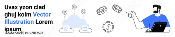 Fototapeta Cloud computing with data icons, user pointing, laptop interaction, and floating coins. Ideal for technology, finance, innovation, digital economy, user interaction online payments flat landing