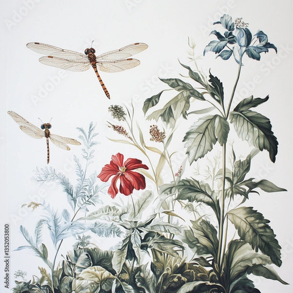 Fototapeta Dragonflies hovering over a lush garden filled with delicate flowers and vibrant greenery