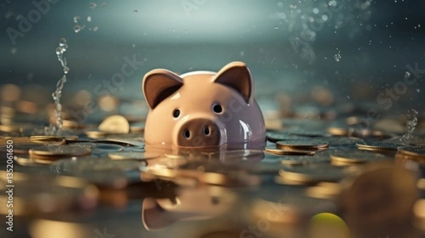 Fototapeta A piggy bank overwhelmed by a flood of financial paperwork and coins, partially hidden under a surface of water