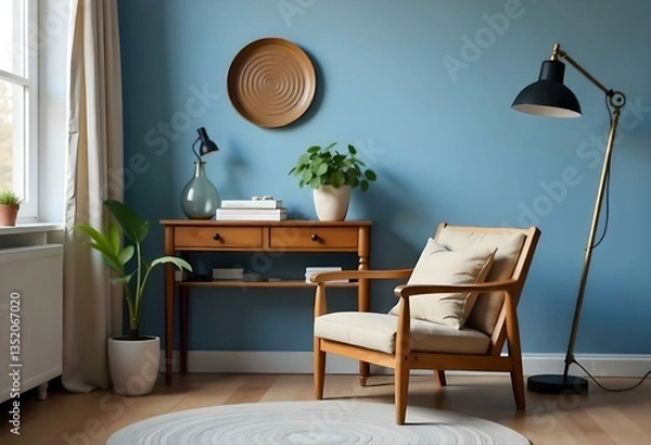 Fototapeta A bedroom with a blue wall, a wooden floor, a bed with blue sheets, a wooden table with a lamp and a vase with flowers 